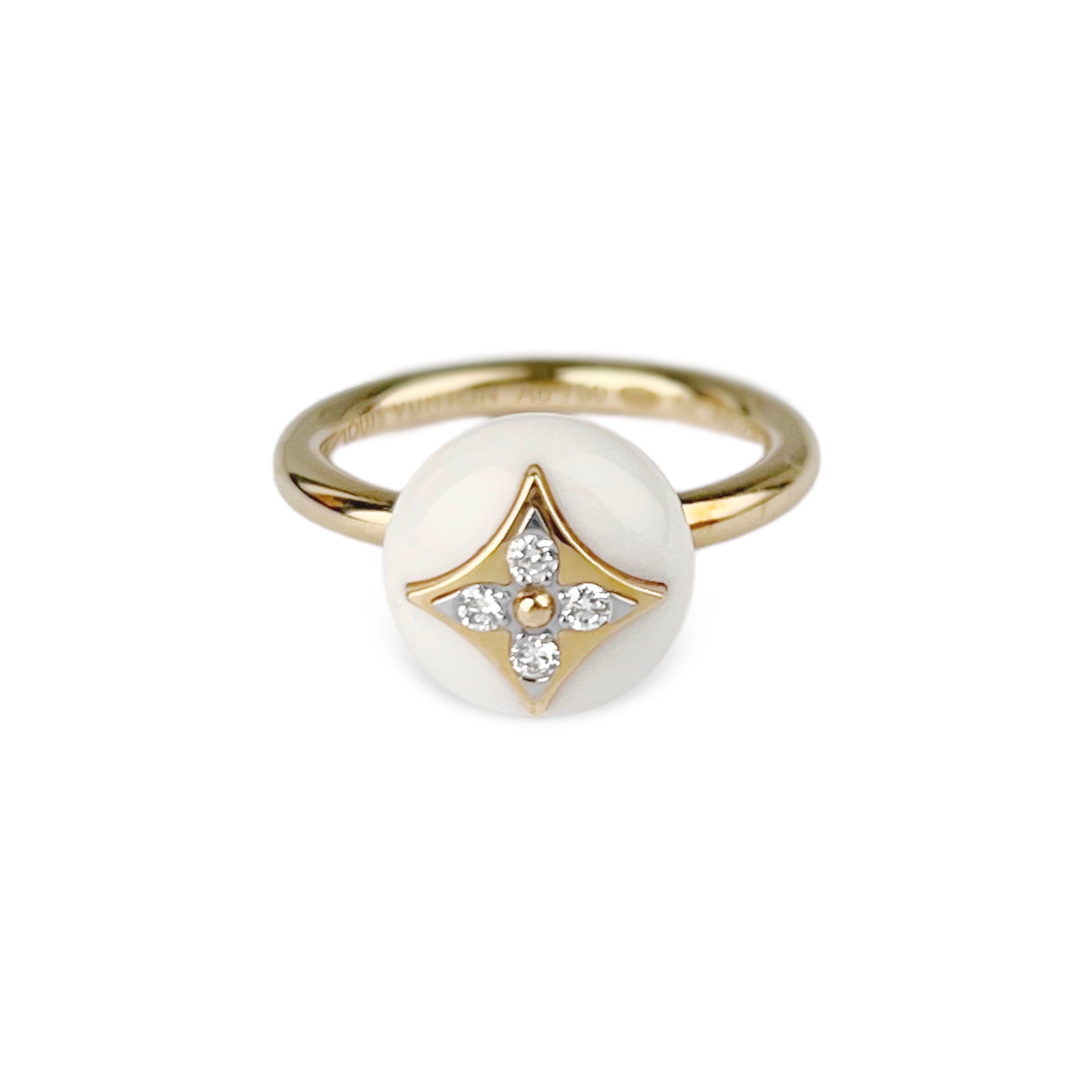 Louis Vuitton Color Blossom Ring, Yellow and White Gold, White Agate and Diamonds Gold. Size 52